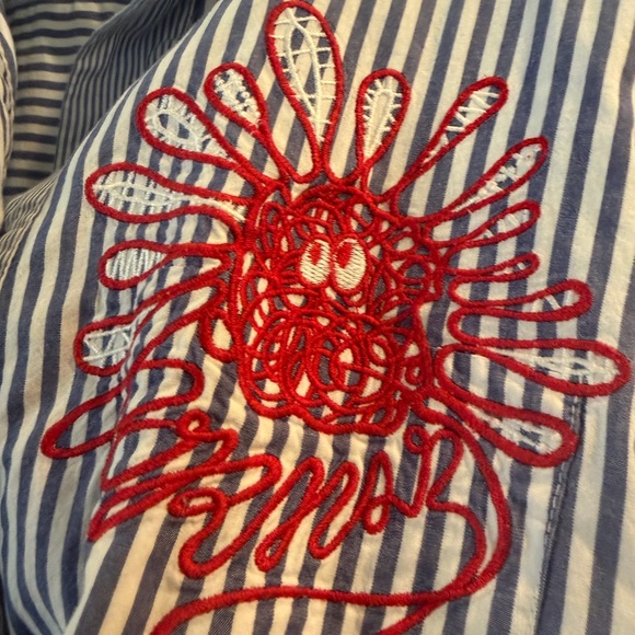 Striped Button-Up Shirt with Red Floral Embroidery - Picture 2 of 5